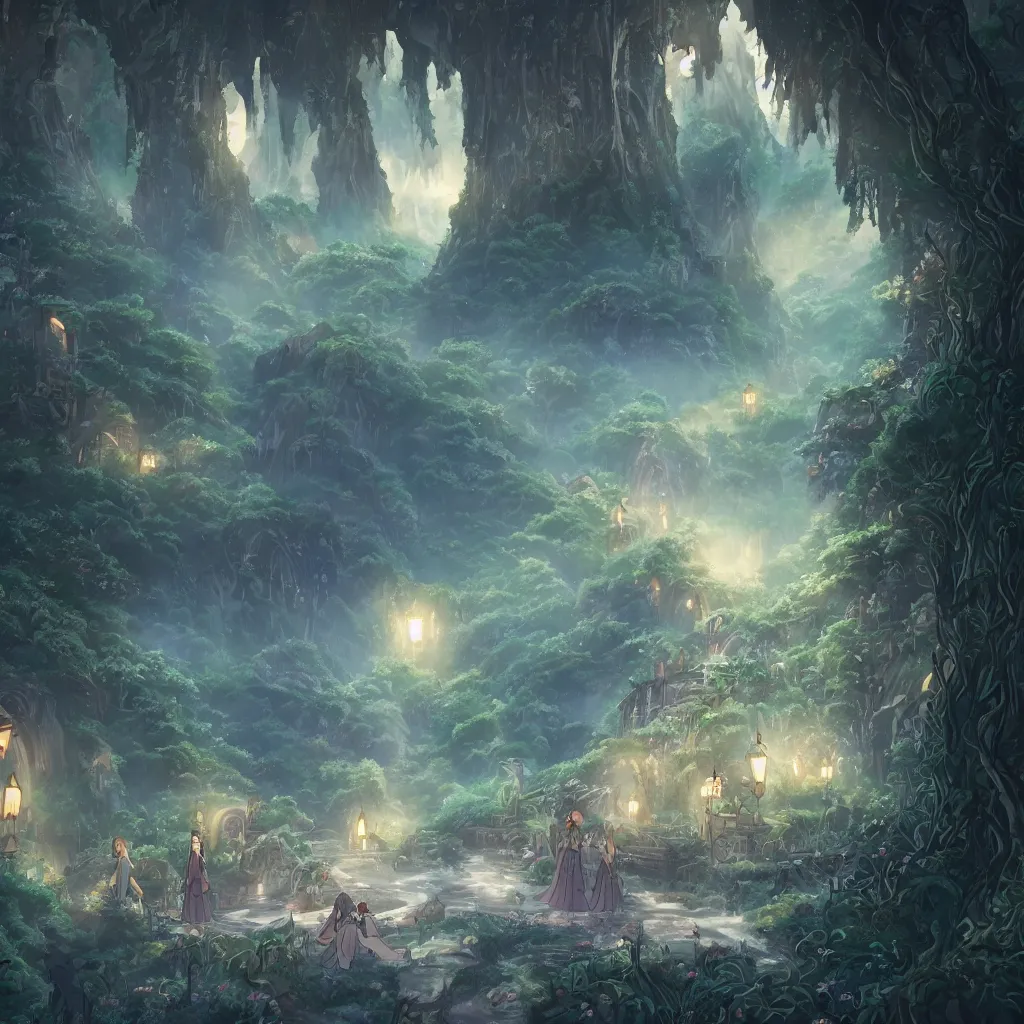 Image similar to kingdom of elves, outside of time and space, dreamy, romantic, night lighting, gorgeous lighting, dramatic cinematic lighting, intricate, highly detailed, studio ghibli, 8 k