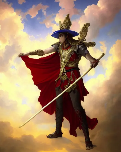 Prompt: A Full View of a Red Mage wearing red white and gold striped magical shining Conquistador armor and a feathered hat holding a staff of power with a gemstone topper surrounded by an epic cloudscape. Magus. Red Wizard. masterpiece. 4k digital illustration. by Ruan Jia and Artgerm and Andreas Rocha and William-Adolphe Bouguereau and Edmund Blair Leighton, award winning, Artstation, intricate details, realistic, Hyperdetailed, 8k resolution