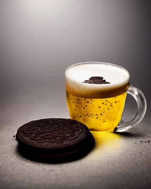 Prompt: dlsr food photograph of a hand dipping an oreo in beer, bokeh, studio lighting, 5 0 mm f 1. 4