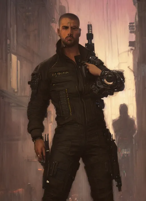 Prompt: cyberpunk jujitsu instructor. cyberpunk mercenary in a military vest ( blade runner 2 0 4 9, cyberpunk 2 0 7 7 ). orientalist portrait by john william waterhouse and james gurney and theodore ralli and nasreddine dinet, oil on canvas. cinematic, hyper realism, realistic proportions, dramatic lighting, high detail 4 k