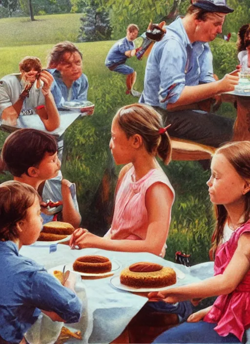 Prompt: greta thunberg eating cakes, artwork by earl norem, detailed digital art, trending on Artstation