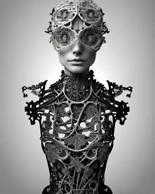 Prompt: monochrome 3 d model, 1 8 7 0 picture, silver lace floral steampunk biomechanical beautiful young female cyborg with porcelain profile face and a techno eye, volumetric light, leaves foliage and stems, hibiscus flowers, sinuous fine roots, fine foliage lace, alexander mcqueen, rim light, big gothic fashion pearl embroidered collar, octane render, 8 k