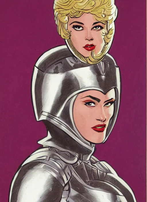 Image similar to head and shoulders portrait of a female knight. well composed, clean elegant painting, beautiful detailed face. comic book art by steve ditko and jack kirby