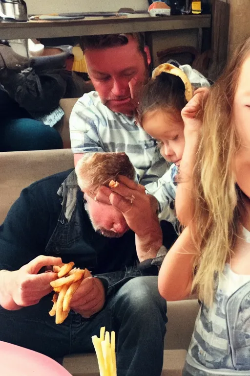 Prompt: a dad eating his daughter's french fries while she hides and cries in the background