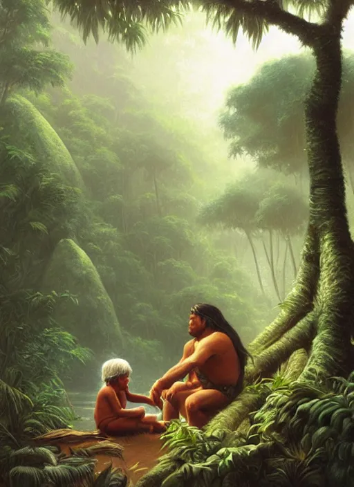 Prompt: a beautiful painting of an amazonian indigenous grandfather with white long hair sitting with his grandson, telling stories in the jungle, matte painting, art by christophe vacher