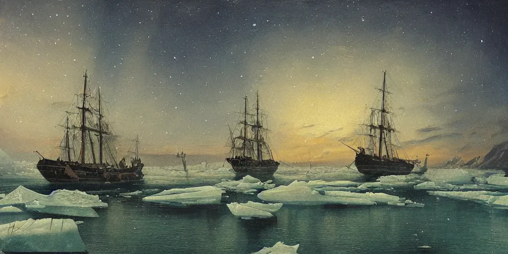 Image similar to “ an 1 8 0 0 s sail ship sailing in arctic waters, ice floating in water, nighttime, aurora borealis, oil painting ”