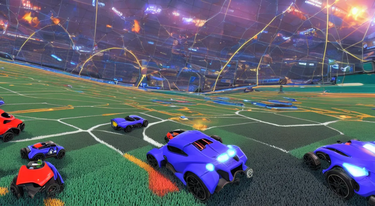 Prompt: a game of rocket league where the two cars have to stop due to a group of lost japanese tourists wandering across the field