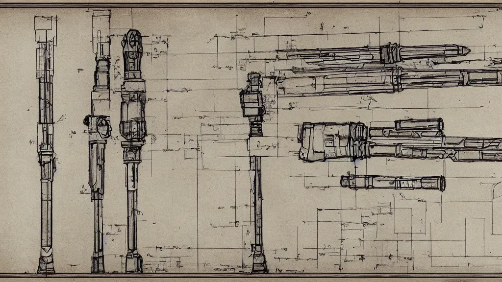 Image similar to renaissance blueprint of a lightsaber