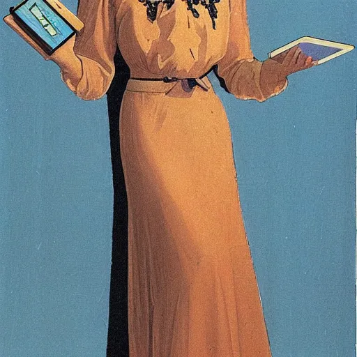 Image similar to a photo of a 2 1 st century jugendstil dress worn by a woman with ipad