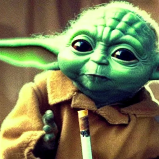 Image similar to Baby Yoda smoking a cigarette 4K quality