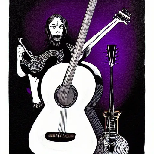 Prompt: black white purple painting on black paper, folkloric illustration , the guitar player , tarot by Andreas Rocha