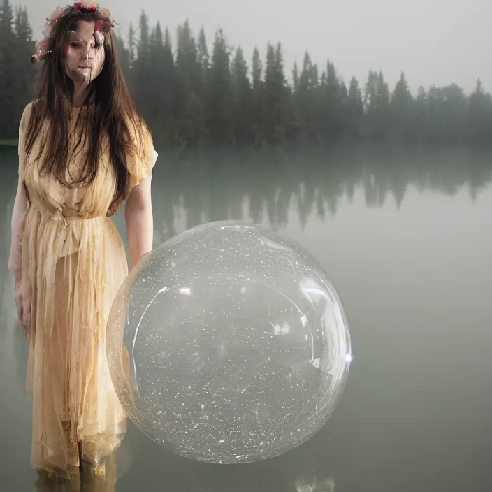 Image similar to a closeup portrait of a woman wrapped in plastic, standing next to a levitating mylar orb, in a foggy lake, color photograph, by vincent desiderio, canon eos c 3 0 0, ƒ 1. 8, 3 5 mm, 8 k, medium - format print