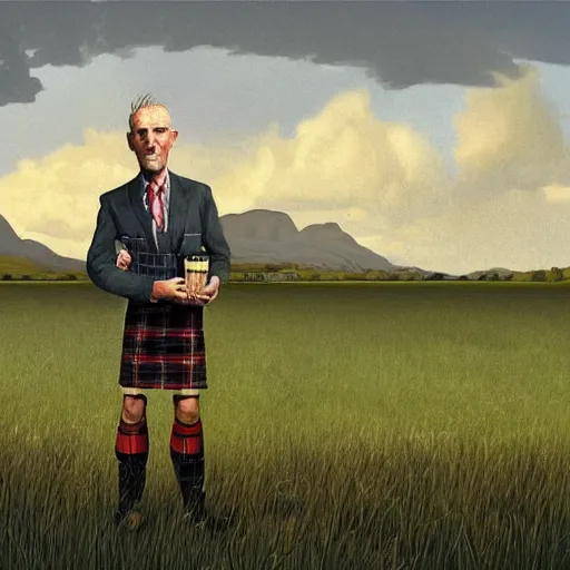 Image similar to a Scottish man holding a pint of beer in the middle of an empty field, In the back ground of the frame is a beautiful landscape., physically accurate, dynamic lighting, intricate, elegant, highly detailed, digital painting in the style of very very artist illustrator ralph steadman, sharp focus, illustration