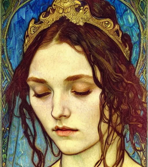 Image similar to detailed realistic beautiful young medieval queen face portrait by jean delville, alphonse mucha, vincent van gogh, and marco mazzoni, art nouveau, symbolist, visionary, gothic, pre - raphaelite