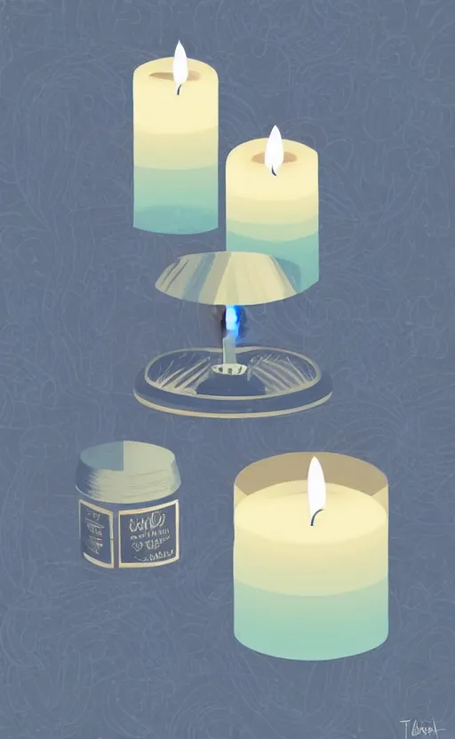 Image similar to illustration with a set of beautiful scented candles, close - up photo in cozy interior, candle lighting, glowing, pinterest, an art deco painting by tom whalen, trending on behance, art deco, digital illustration, storybook illustration, grainy texture, flat shading, vector art, airbrush, pastel, watercolor, poster