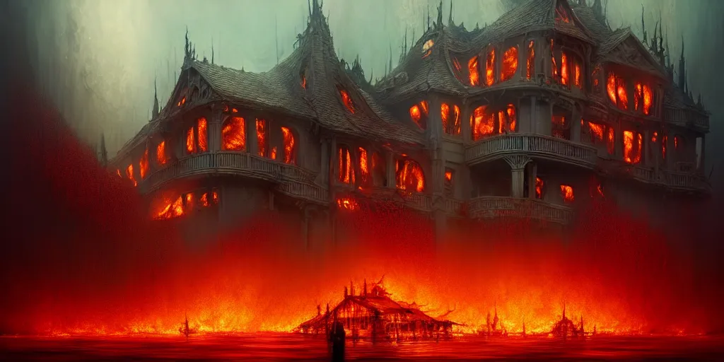 Prompt: A house that burns and sinks in a sea of blood surrounded by angels of death, magical, concept art, art nouveau, inspired by Reylia Slaby, Peter Gric, Merriam Daniel, intricate, ornate, trending on artstation, volumetric lighting, CGsociety