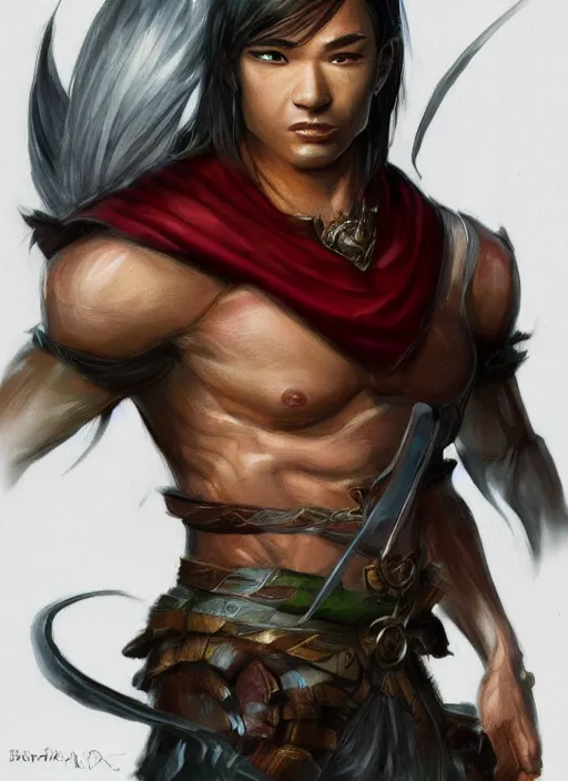 Image similar to muscly asian man mid parted hair, dndbeyond, bright, colourful, realistic, dnd character portrait, full body, pathfinder, pinterest, art by ralph horsley, dnd, rpg, lotr game design fanart by concept art, behance hd, artstation, deviantart, hdr render in unreal engine 5