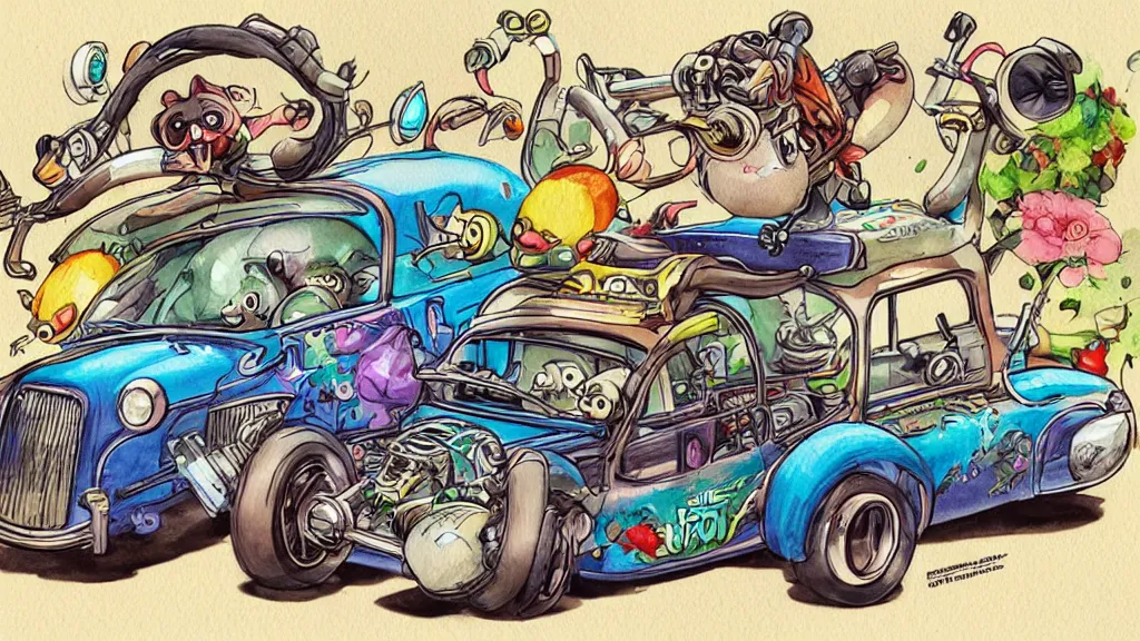 Image similar to cute and funny, racoon riding in a tiny hot rod coupe, ratfink style by ed roth, centered award winning watercolor pen illustration, isometric illustration by chihiro iwasaki, edited by range murata