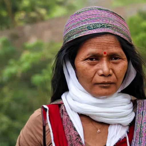 Image similar to a nepali woman wearing a white shawl, realistic