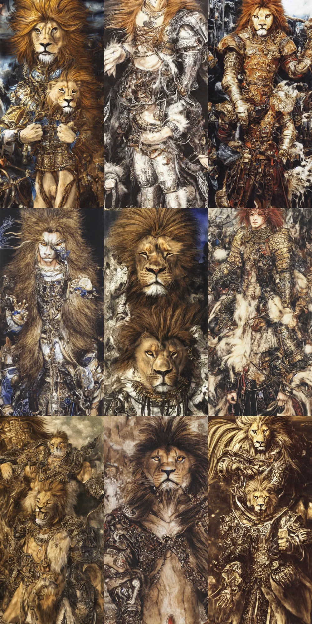 Image similar to 8 k yoshitaka amano painting of upper body of a young cool looking lion beastman with white mane at a medieval market at windy day. depth of field. he is wearing complex fantasy clothing. he has huge paws. renaissance style lighting.