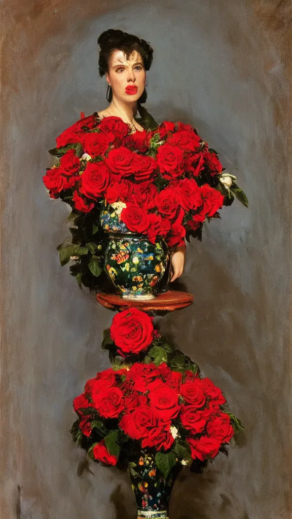 Image similar to portrait of rebekah delrio in lynch pattern, big persian detailed pot of red roses, blue and red lights painted by john singer sargent