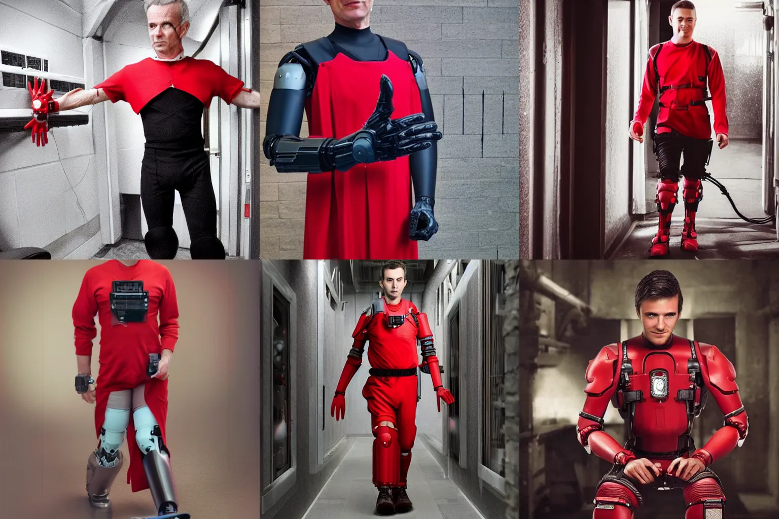 Prompt: handsome man in a red tabard, scifi bionic limbs