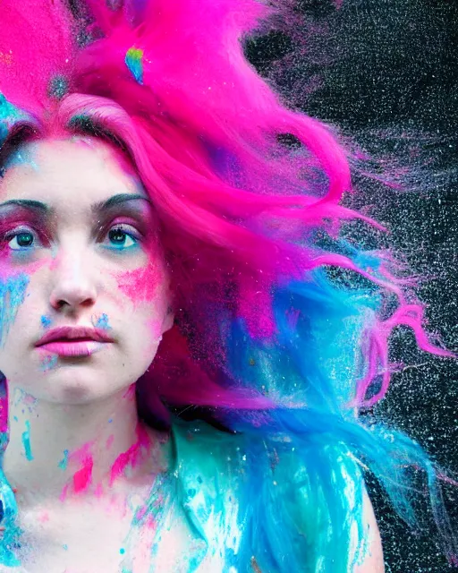 Image similar to a dramatic lighting photo of a beautiful young woman with cotton candy hair. paint splashes. with a little bit of cyan and pink