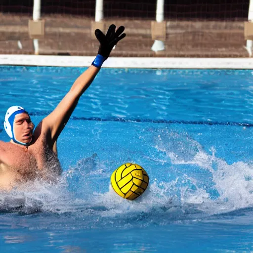 Image similar to a water polo goalkeeper stopping a ball thrown by a silverback gorilla