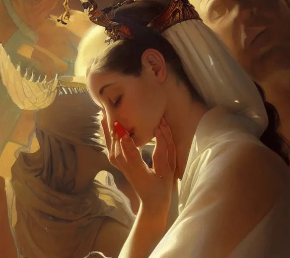 Image similar to photography of a pope kissing the breast of a sensual woman, deep focus, intricate, elegant, highly detailed, digital painting, artstation, concept art, matte, sharp focus, illustration, art by artgerm and greg rutkowski and alphonse mucha
