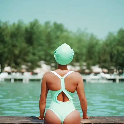 Image similar to a film photography of a woman slender, wearing a mint green one-piece swimsuit, wearing a white bathing cap, sitting on a wooden dock, low angle far shot, side profile parallel to camera, Kodak Portra 800, Kodak film photography, light film grain