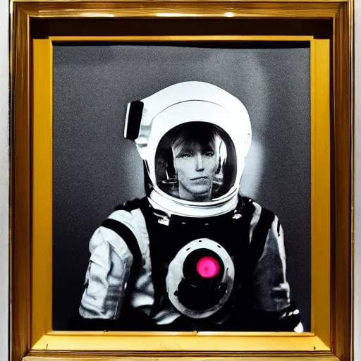 Prompt: medium - shot low - angle outside studio, golden hour, pale young david bowie!! in a space suit with open helmet, face visible, nasa, by warhol,