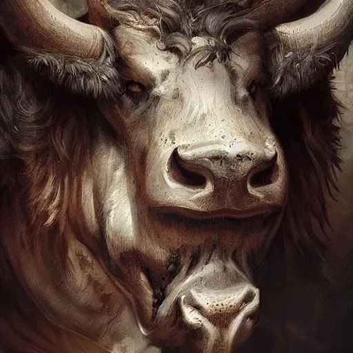 Prompt: ''face portrait of a handsome bull, furry, greek mythology, greece, fantasy, dungeons and dragons, d & d, digital painting, artstation, concept art, sharp focus, illustration, art by greg rutkowski and alphonse mucha''