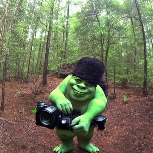 Prompt: pimp shrek throwin it back in the forest trailcam footage leaked