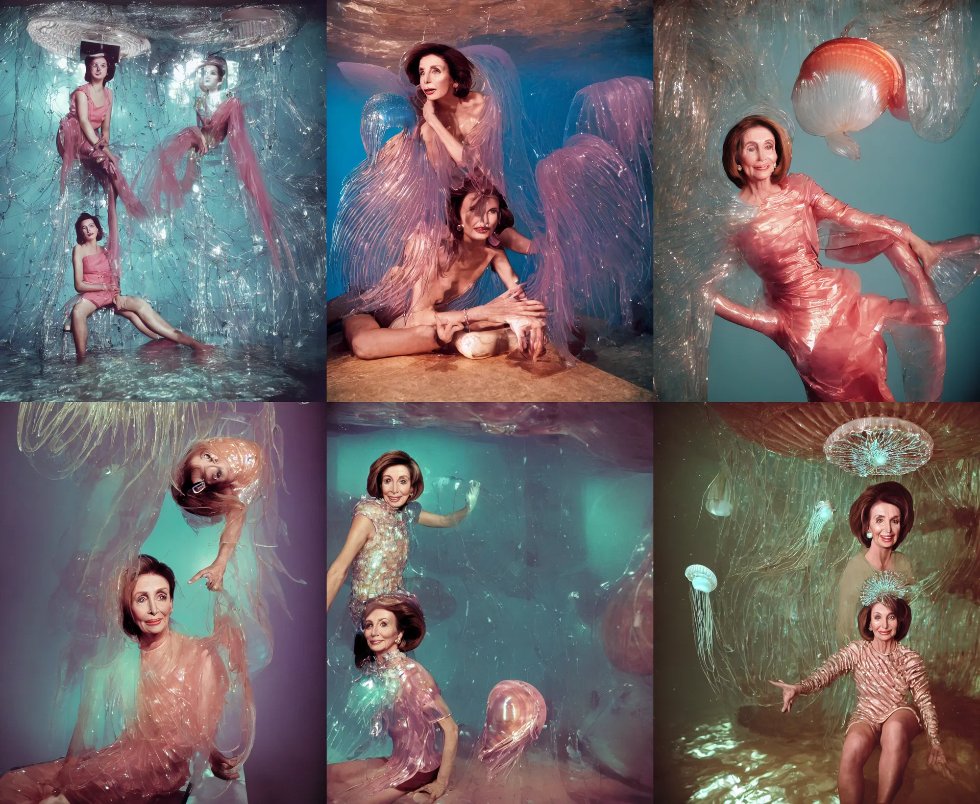 Prompt: glamour portrait of Nancy Pelosi as a jellyfish human vogue model hybrid wearing roman armor, sitting inside of a partially flooded 1970s luxury bungalow cabin with infinity mirror walls, suspended soviet computer console on ceiling, ektachrome color photograph, volumetric lighting, off-camera flash, 12mm wide angle lens f8 aperture, side view closeup portrait