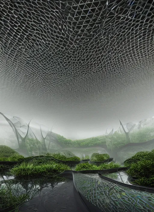 Image similar to a photo of a futuristic biomimicry oasis interior + the interior is elegant and made of a biomimicry nature with ornate patterns + photo taken on a misty morning + architectural photography, 8K, photorealistic