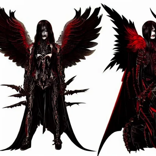 Prompt: metal album art with a dark angel with black wings and ornate red and gold armor, dark fantasy, trending on artstation