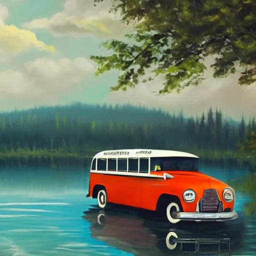 Image similar to a [ 5 0 s bus with airplane wings ] floats above a forest and lake, [ oil painting ]!!, trending on cgsociety, 4 k