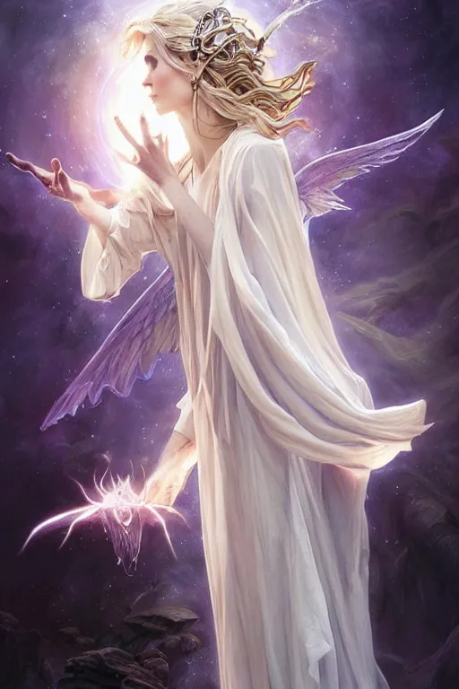 Image similar to white witch crafting magic spells, side view, crafting spells, bright witch, flying, fantasy, chaos, magic, dark magic, dramatic lighting, intricate, wild, highly detailed, digital painting, artstation, concept art, smooth, sharp focus, illustration, art by artgerm and greg rutkowski and alphonse mucha, footage from space camera