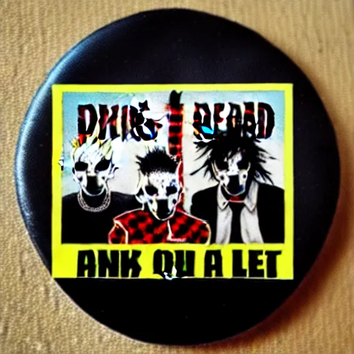 Image similar to painting on a badge!!!!, punks not dead!!!!, exploited!!, clash, junk yard, rats!!, god save the queen!!!, punk rock album cover art style, grunge, no future!!!!, glitch effect