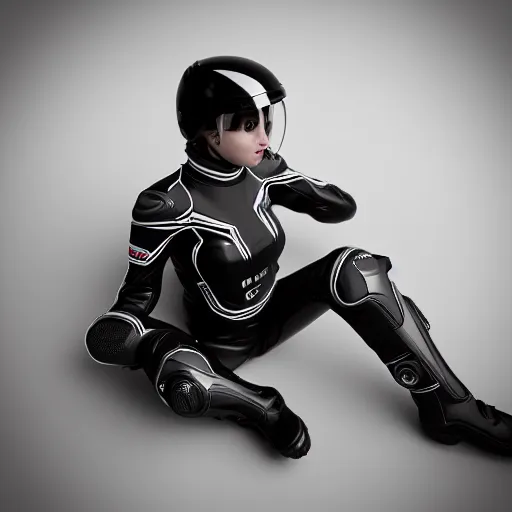 Image similar to photo of girl wearing motorcycle gear laying on chrome bed, shot from overhead, octane render, hdri, super realistic, smooth render, unreal engine 5,