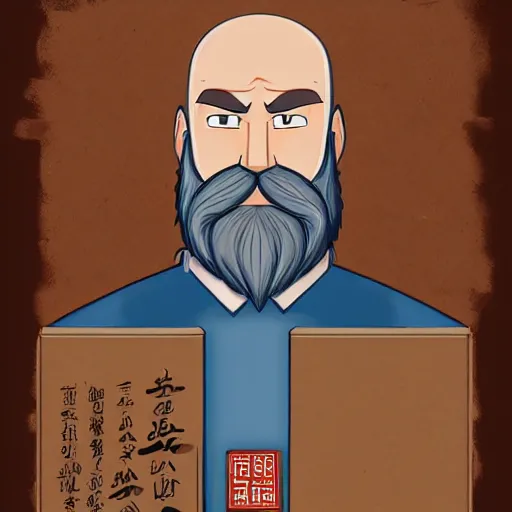 Prompt: mister clean with a beard, organizing cardboard boxes, intricate details, in the style of Hou CHina, trending on artstation