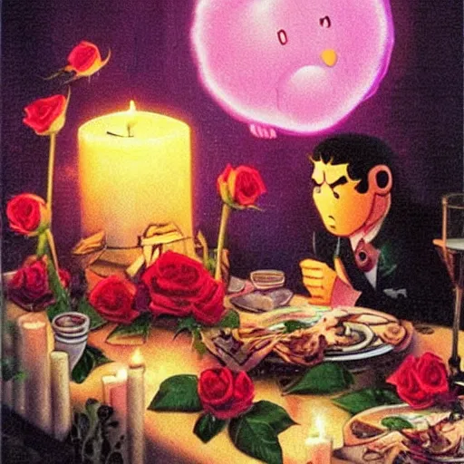 Image similar to kirby!!!!!!!!!!!!!! romantic dinner, candlelight, roses