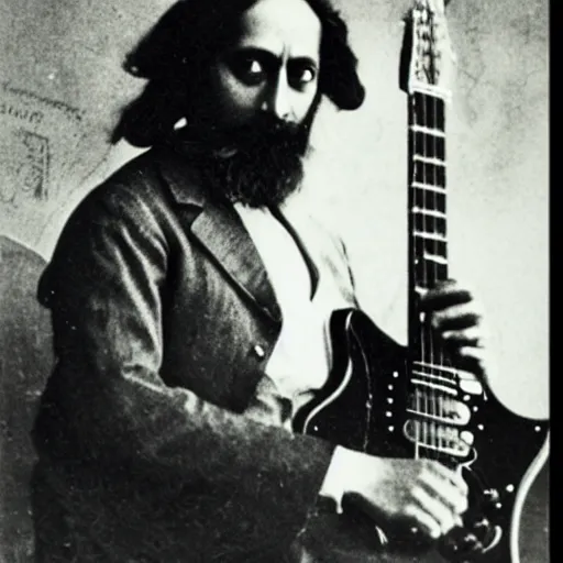 Prompt: photograph of Rabindranath Tagore playing a electric guitar and head banging