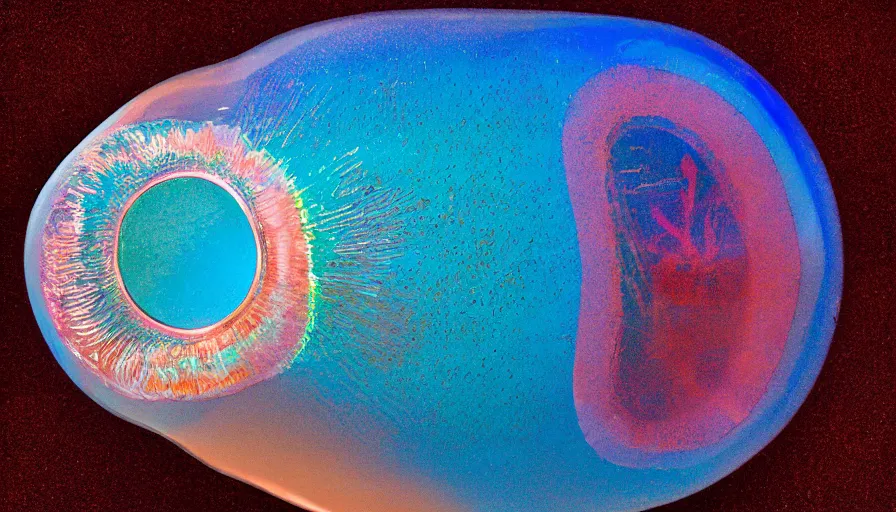 Image similar to fantastical, sweeping, metallic collage, painstakingly precise and meticulously delicate layers of mylar rainbow sculptures of a human squid embryo inside a copper sulphate sphere. perfect focus and discrete smooth bezier outlines. 3 5 mm film, flood lighting, museum display