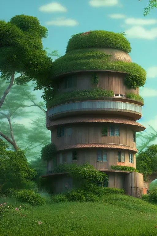 Image similar to cylindrical house, solarpunk, studio ghibli, jean - baptiste monge, octane render, 4 k