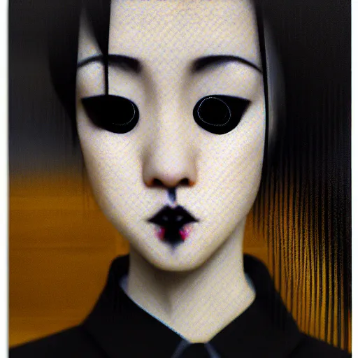 Image similar to yoshitaka amano blurred and dreamy realistic three quarter angle portrait of a young woman with black lipstick and black eyes wearing dress suit with tie, junji ito abstract patterns in the background, satoshi kon anime, noisy film grain effect, highly detailed, renaissance oil painting, weird portrait angle, blurred lost edges