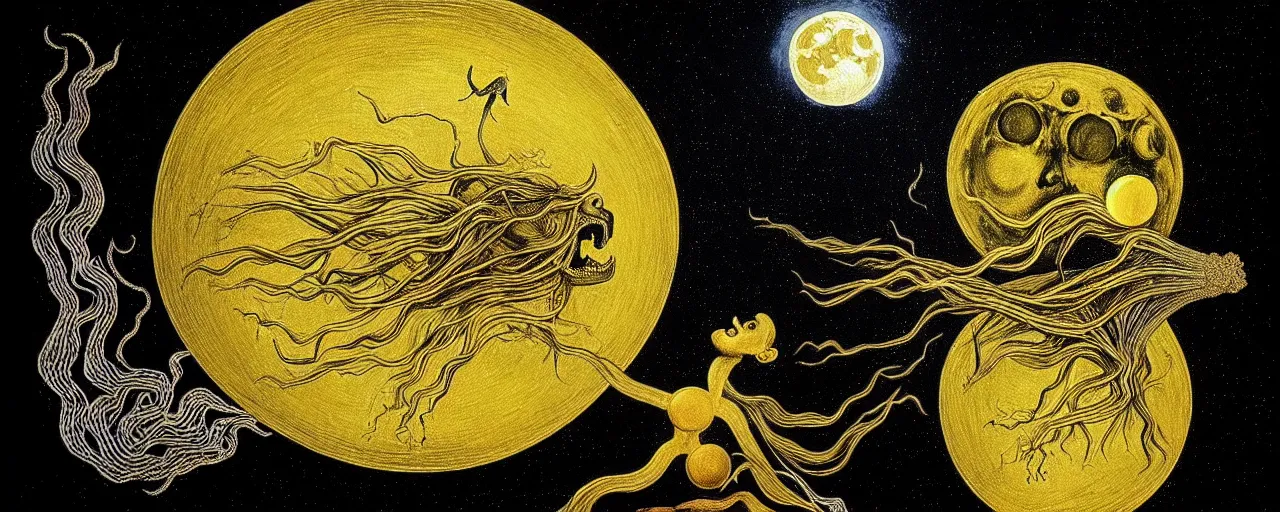 Prompt: a surreal creature with a mouth of gold radiates a unique canto'as above so below'to the moon, while being ignited by the spirit of haeckel and robert fludd, breakthrough is iminent, glory be to the magic within, in honor of saturn, painted by ronny khalil