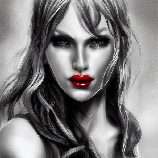 Prompt: Digital portrait of a beautiful half-elf half-vampire young woman. Black and white hair. Red irises, vertical pupils. Award-winning digital art, trending on ArtStation