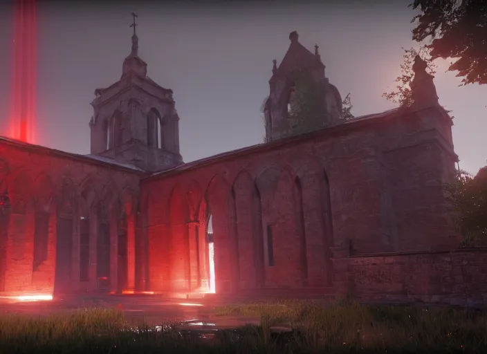 Image similar to ancient church with red shafts of light in destiny 2, foggy, liminal, dark, dystopian, beautiful architecture, abandoned, highly detailed 4 k 6 0 fps in - game destiny 2 gameplay screenshot leak