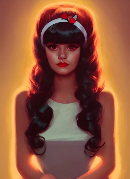 Image similar to portrait of veronica lodge with fluffy bangs, 1 9 6 0 s, long hair, red hairband, curly bangs, intricate, elegant, glowing lights, highly detailed, digital painting, artstation, concept art, smooth, sharp focus, illustration, art by wlop, mars ravelo and greg rutkowski